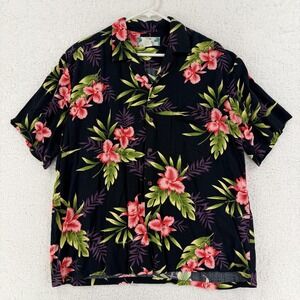 Two Palms Shirt Mens Large Black Hawaiian Aloha Floral Button Front Made Hawaii